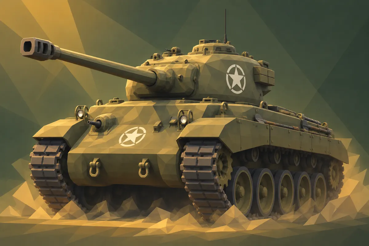 M26 Pershing, long gun forward and heavy tracks planted in the dust.