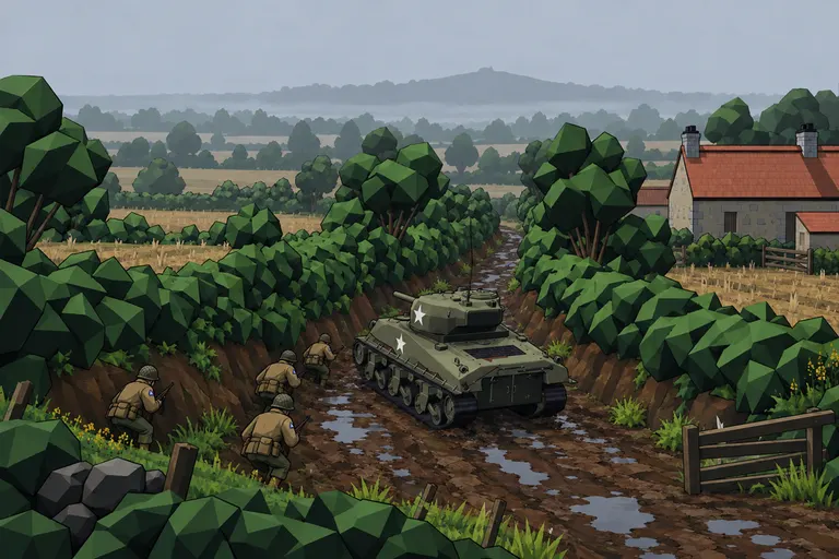 A Sherman approaches a sunken lane between the dense hedgerows of Hill 192.
