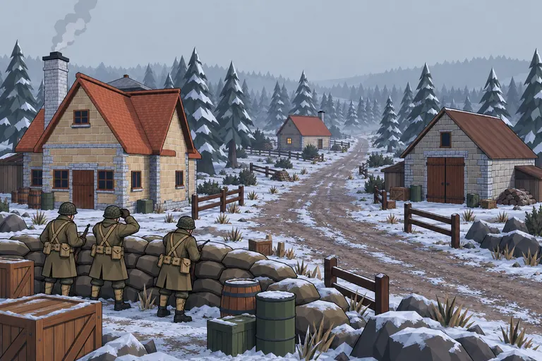 Soldiers keep watch behind sandbags among the snow-covered Ardennes farmhouses.