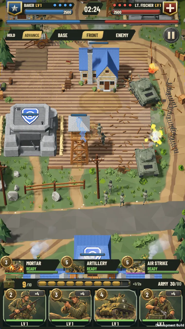 Infantry and a Sherman fight along the farm road in Normandy, with the current battle HUD.