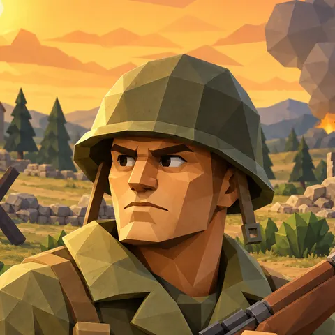 Narrow Front app icon: a low-poly infantryman in an olive steel helmet, rifle at his shoulder, against an amber sky over a battlefield.