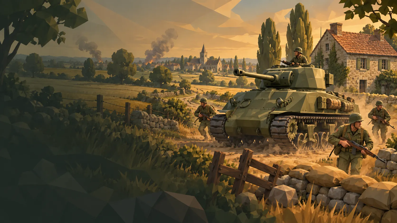 Narrow Front battlefield with a Sherman tank, infantry and a Normandy village.