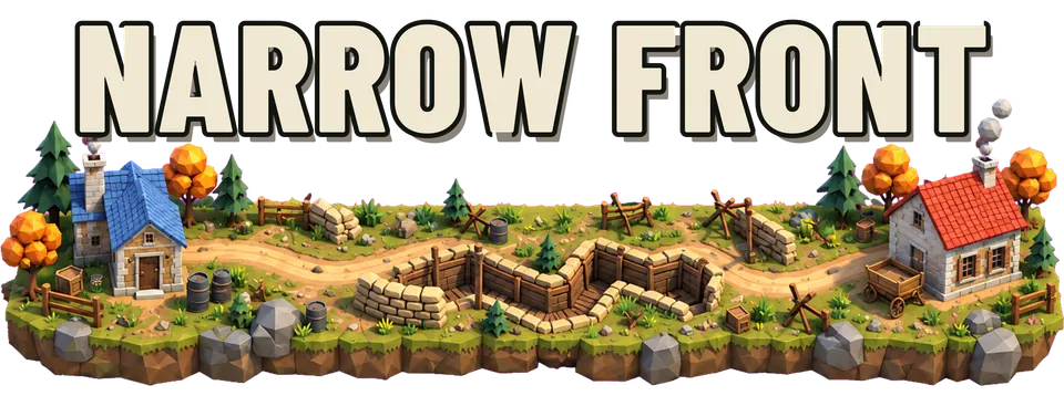 Narrow Front logo: the title in cream capitals over a low-poly strip of battlefield with a blue-roofed and a red-roofed farmhouse at either end.